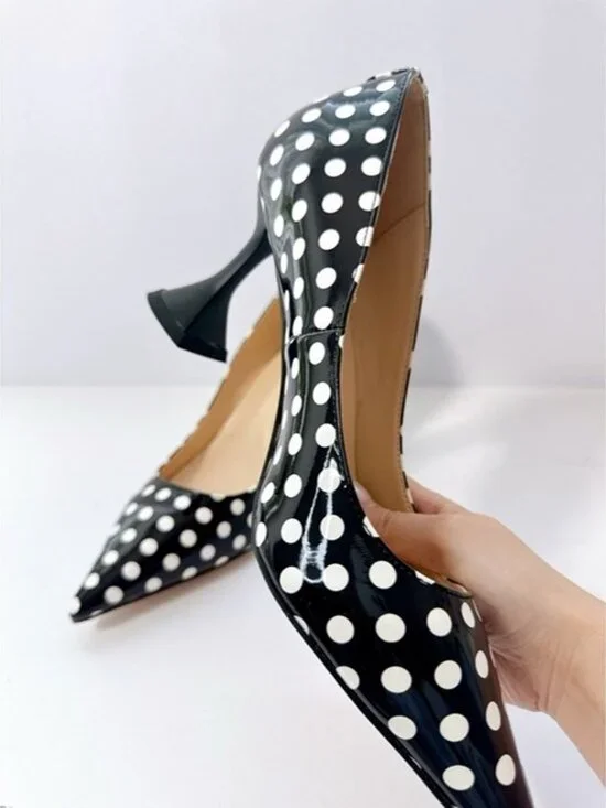 Size 11 Women’s Black White Polka Dot Patent Pointed Toe Heels Pumps YDN - Picture 7 of 12